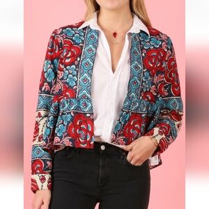 Warm Jaipur Blue/Red Floral Cropped Jacket Blazer Women's Size 0